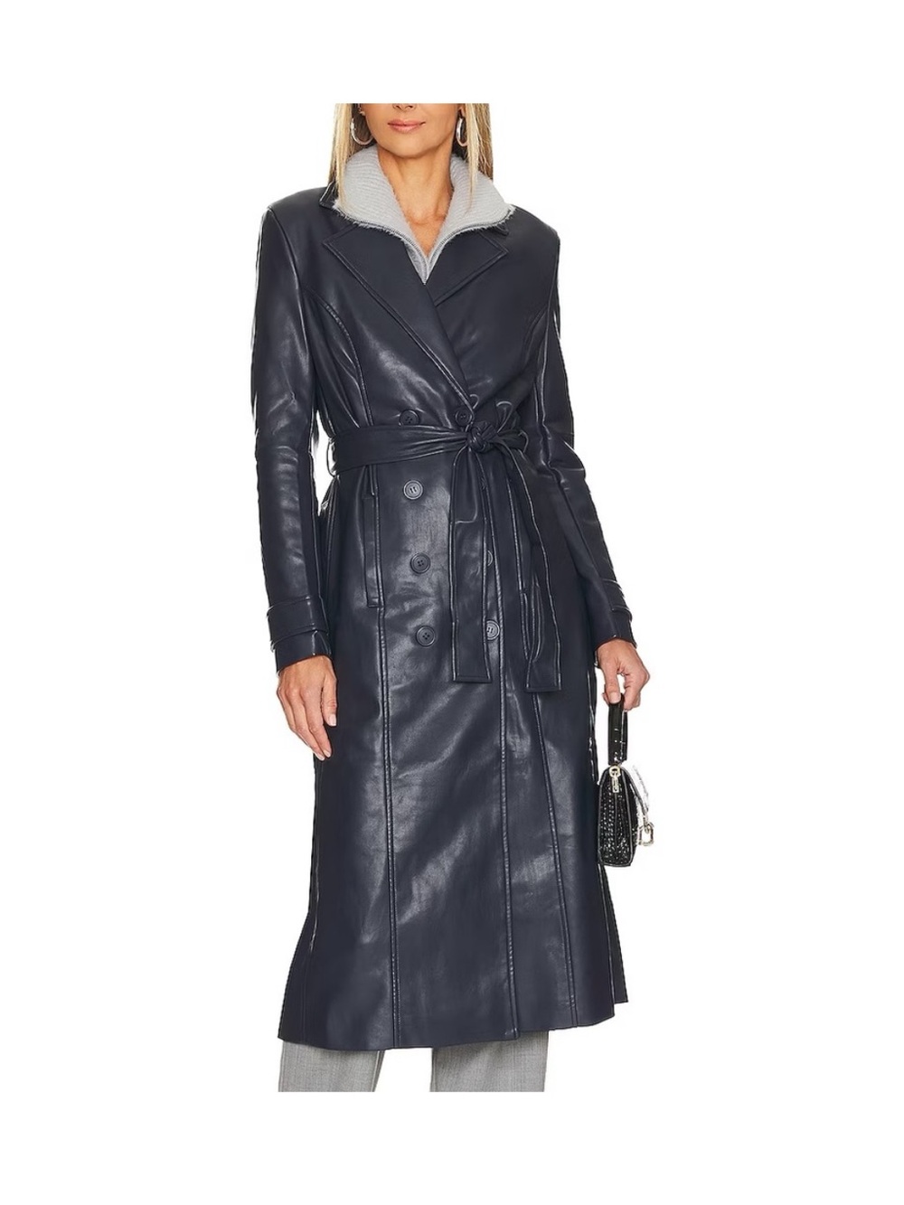 Bardot Faux Leather Double Breasted Tie Waist Trench Coat in Navy